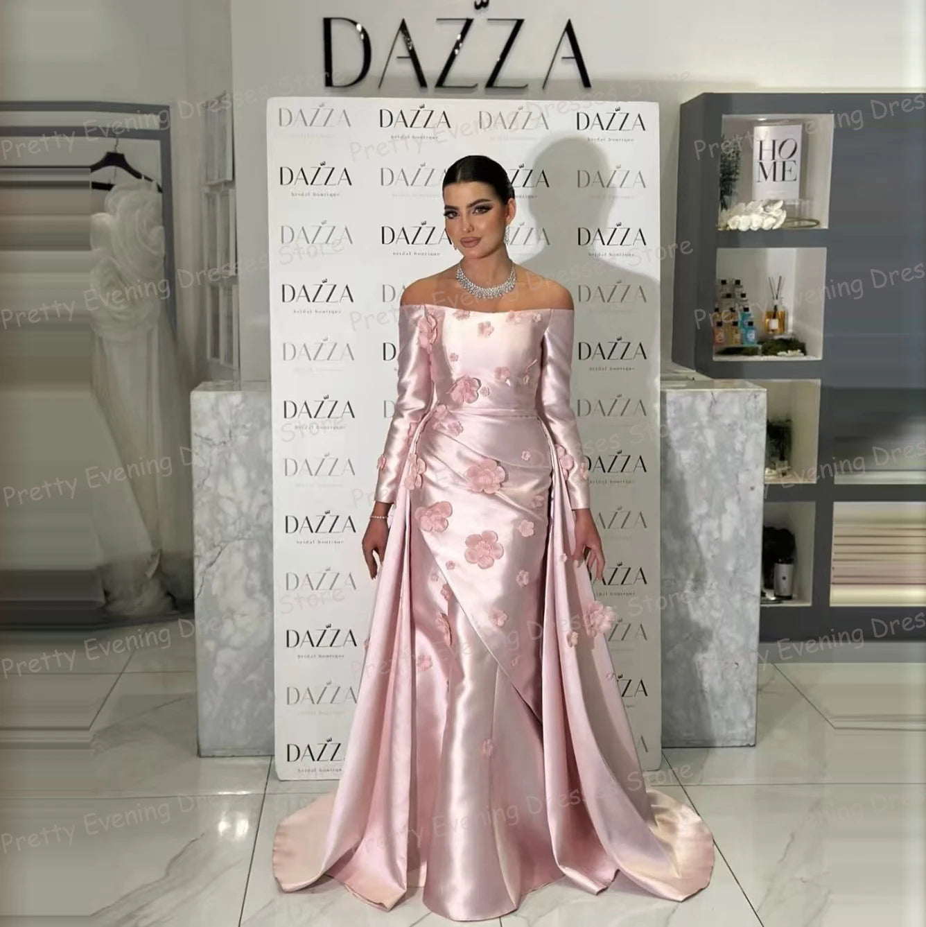 Loreal Pink Evening Dresses Sexy Mermaid Flowers Prom Gown
