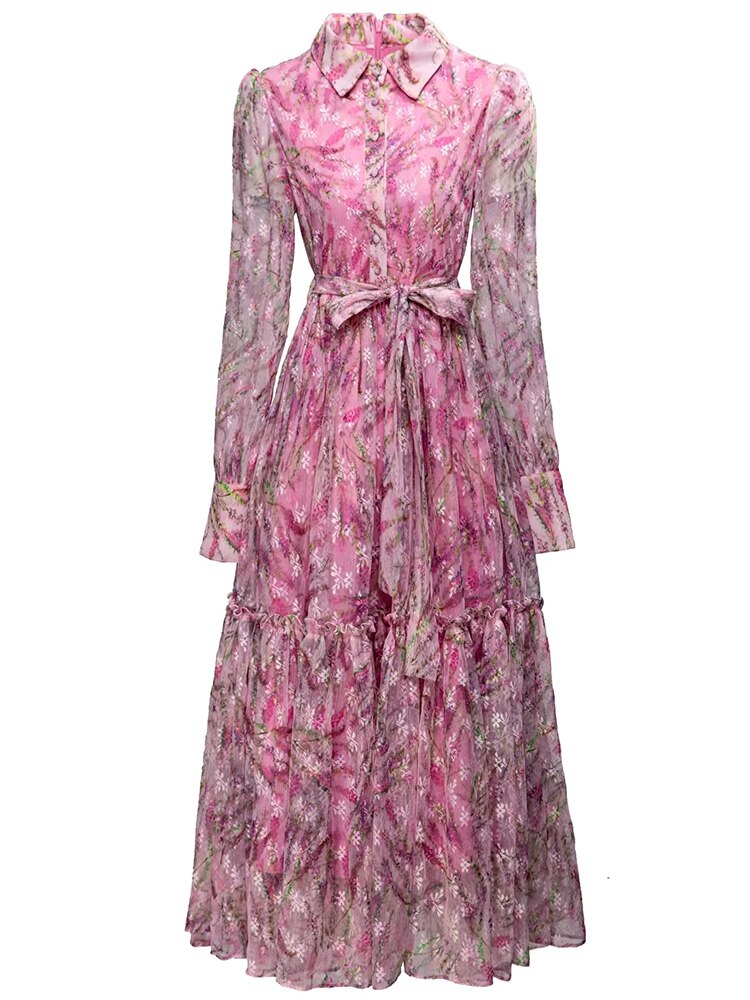 Allison Mesh-Langarm-Gürtel-Rüschen-Vintage-Print-langes Kleid