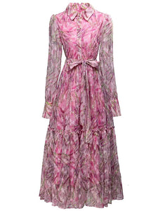 Allison Mesh Long Sleeve Belt Ruffle Vintage Print Long Dress
