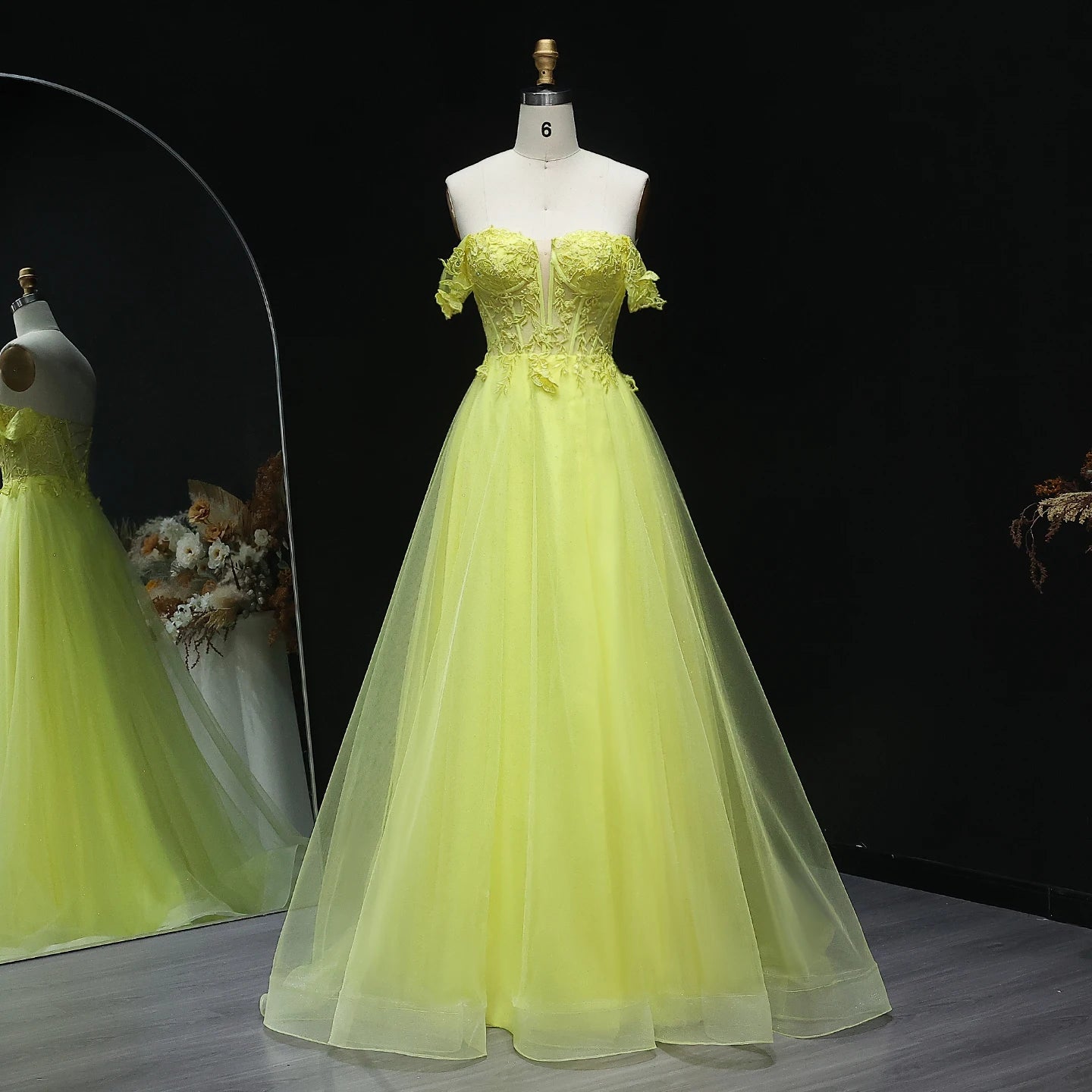 Maria Tulle A-Line Long Feather Off Shoulder Prom Dress