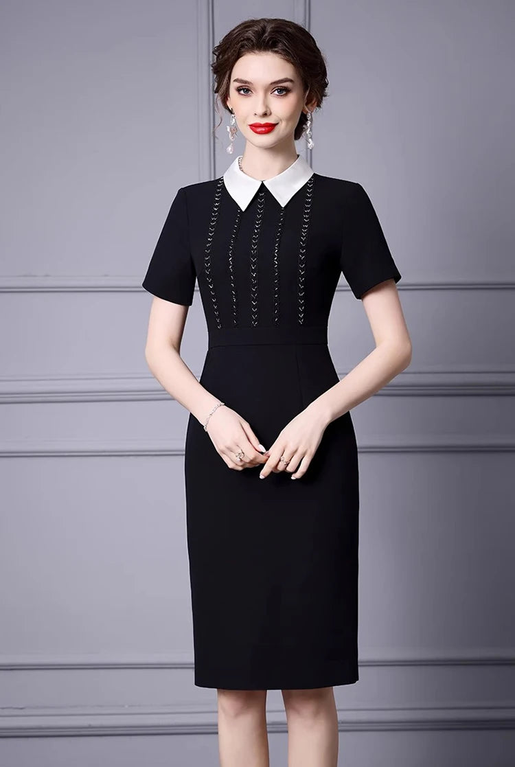 Greta Turn-Down Collar Short-Sleeved Nail Beads Office Lady Pencil Hip Wrap Dress