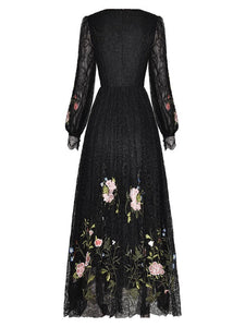 Molly Sequins Lace Dress Women O-Neck Lantern Sleeve Floral Embroidery Black Vintage Dress