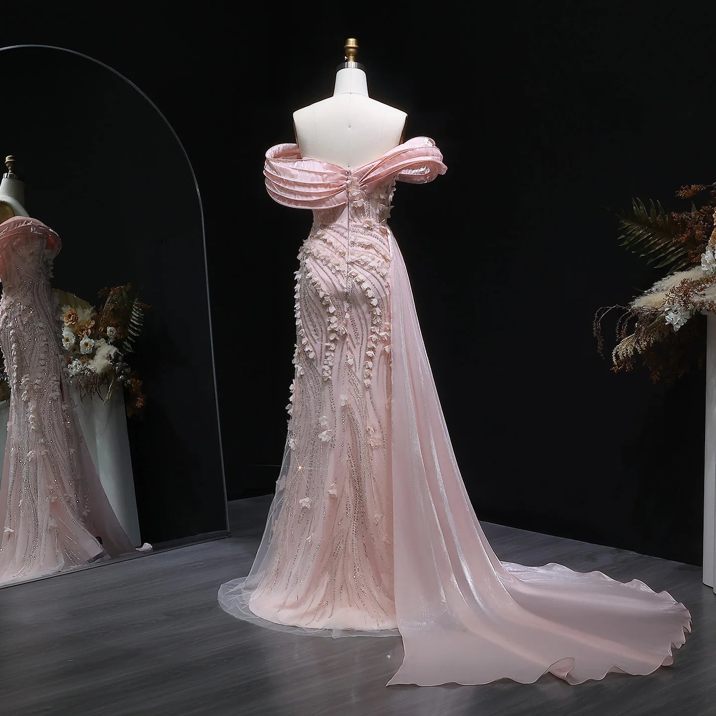 Peony Pink Off Shoulder with 3D Floral Appliques Evening Dress