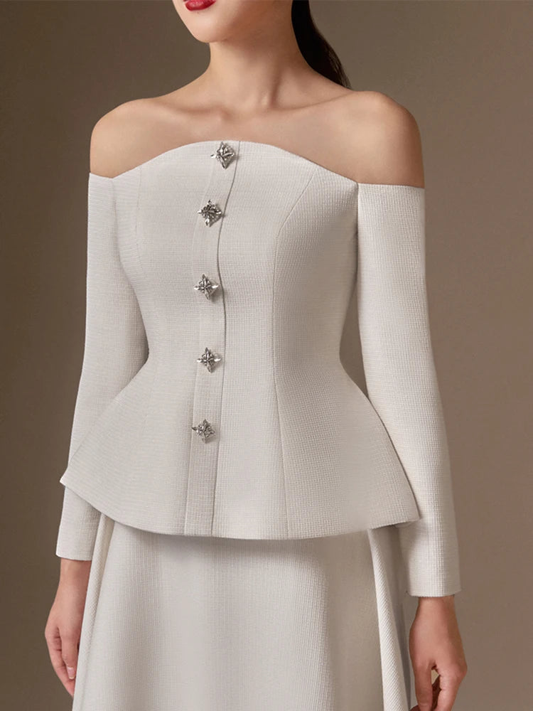 Rhinestone  Button Strapless 2 Pcs Set Long Sleeve Top Waist Loose A Line Skirt Suit
