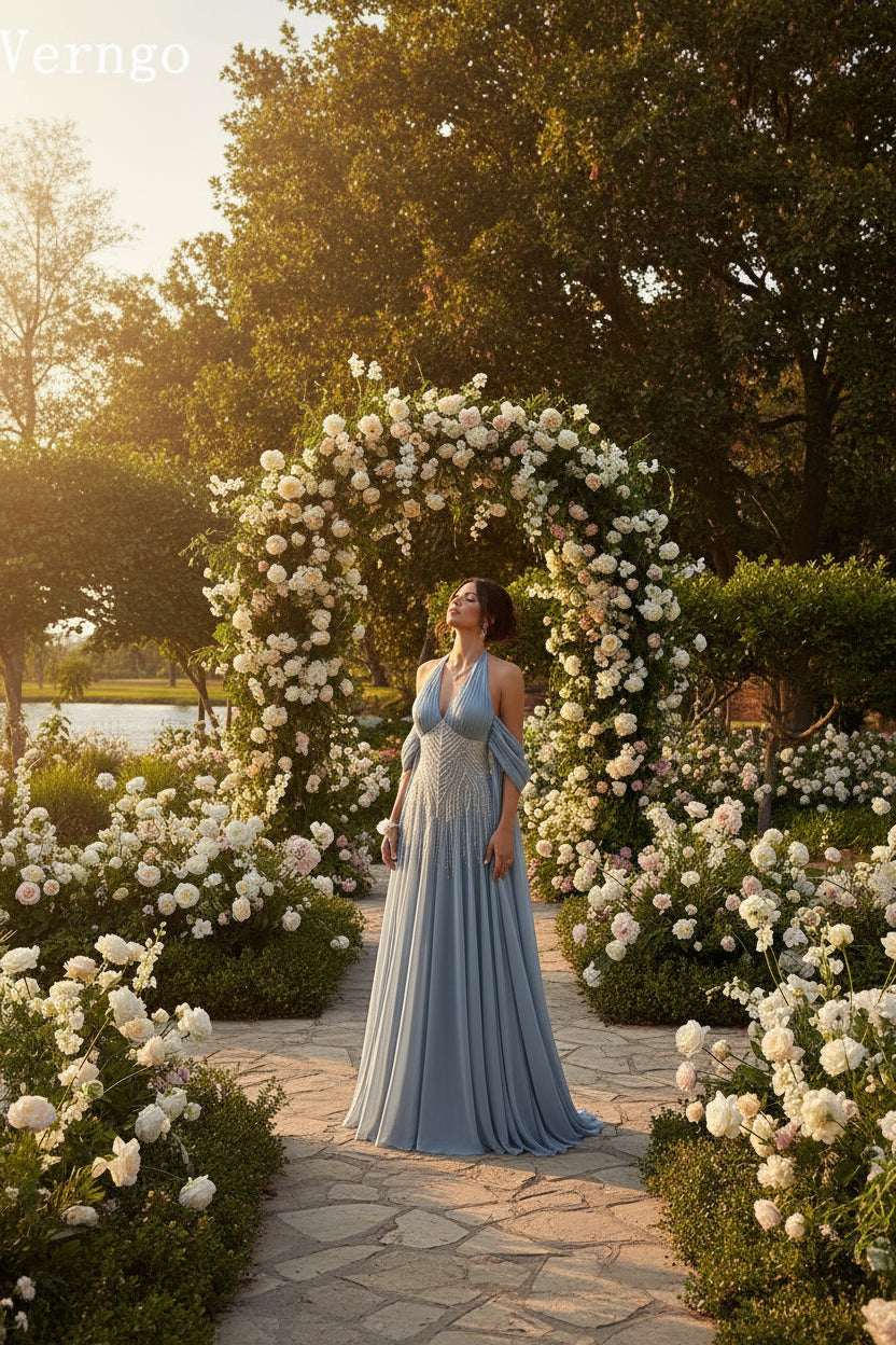 Orchid Blue Chiffon Evening Dress Halter A Line Formal Occasion Dress
