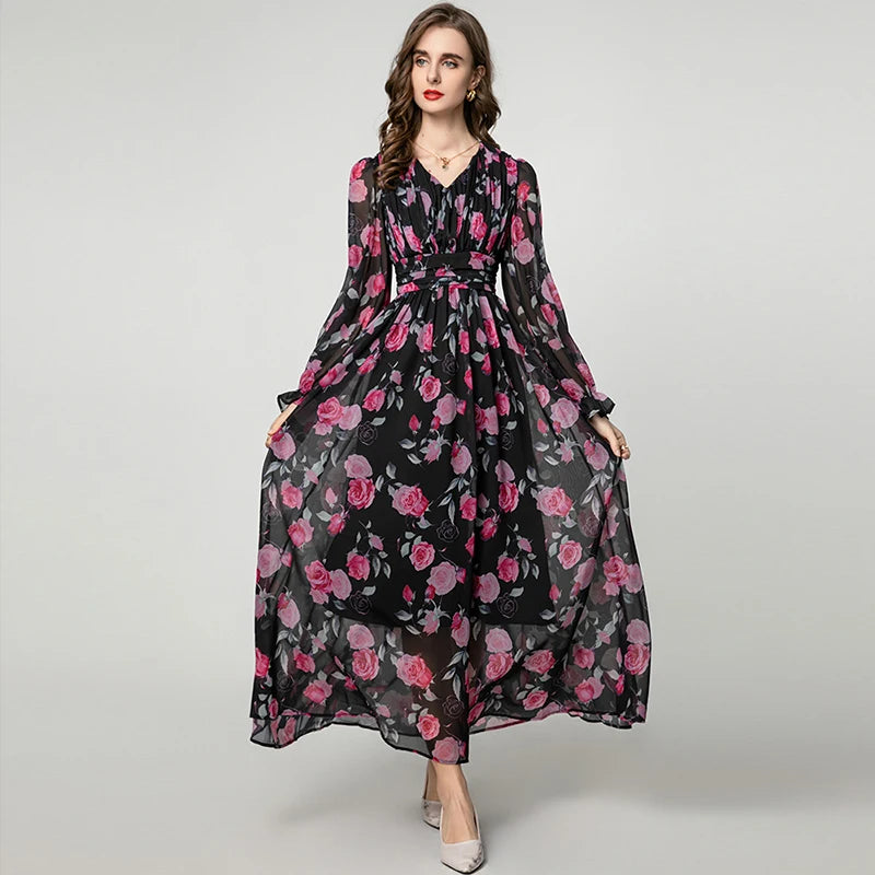 Eliana Vintage Rose Print V-Neck Dress