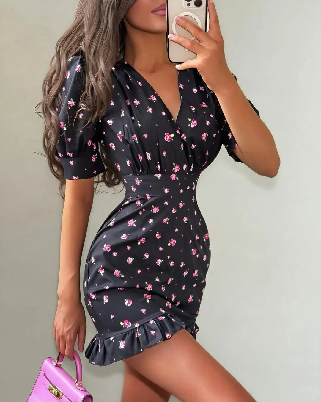 Fiona Floral Print Casual V-neck Puff Sleeve Waistband Ruffle Hem Mini Dress
