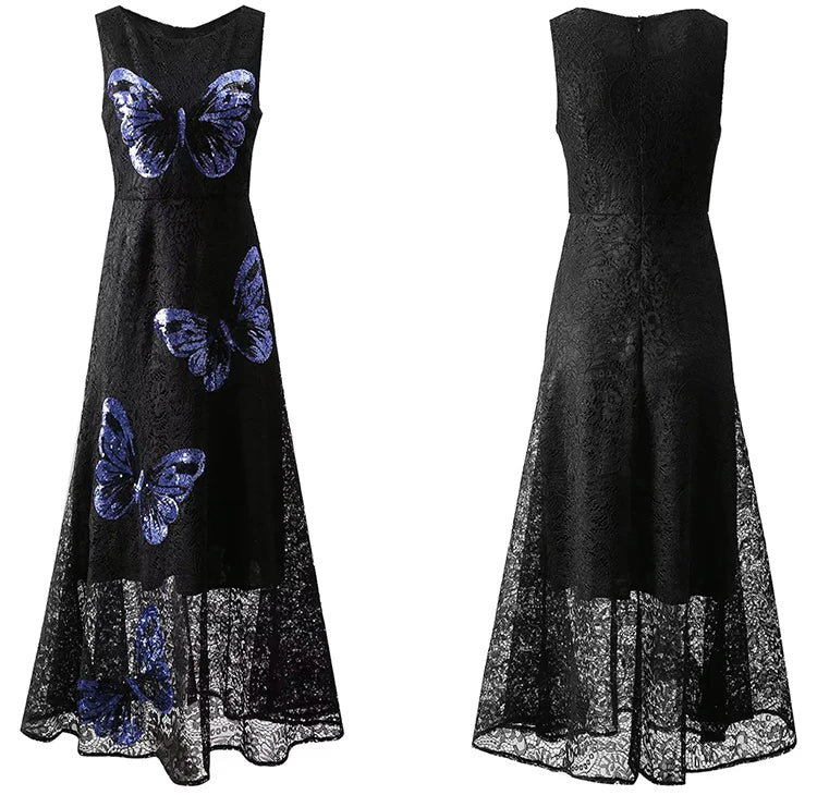 Leticia O-Neck Sleeveless Butterfly Sequins High Waist Vintage Dress
