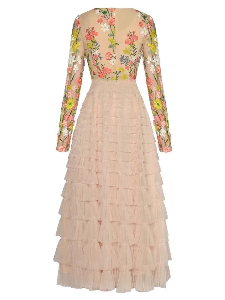 Aya Dress Mesh O-Neck Floral Embroidery Cascading Ruffle Elegant Party High Waist Dress