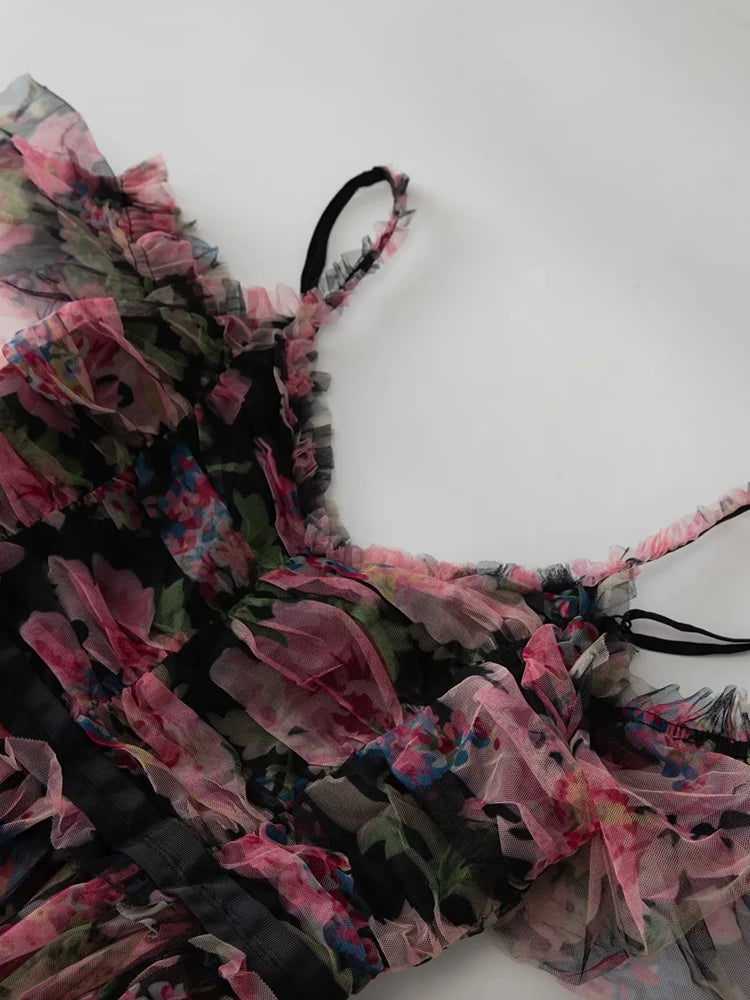 Mya V-Neck Flower Print Ruffles Elegant Party Backless Dress