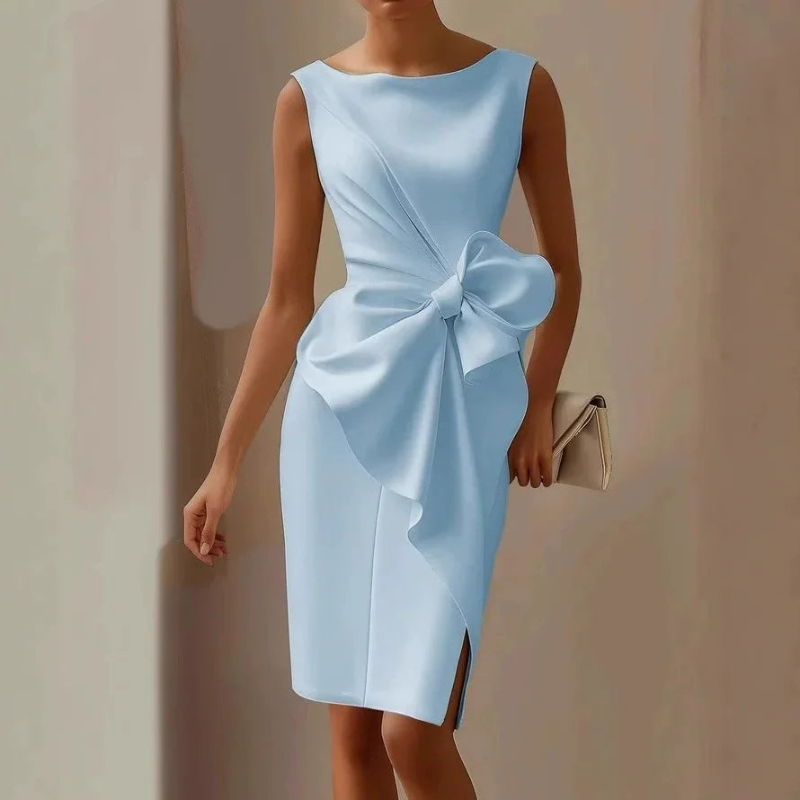 Dimples O-neck Sleeveless White Elegant Bow Slim Party Red Evening Slit Vest Skirt