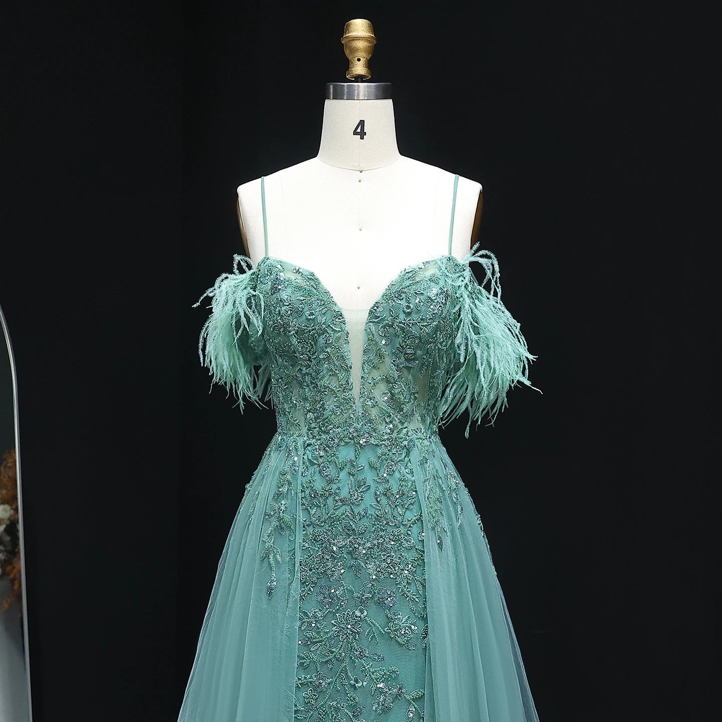 Maria Tulle A-Line Long Feather Off Shoulder Prom Dress