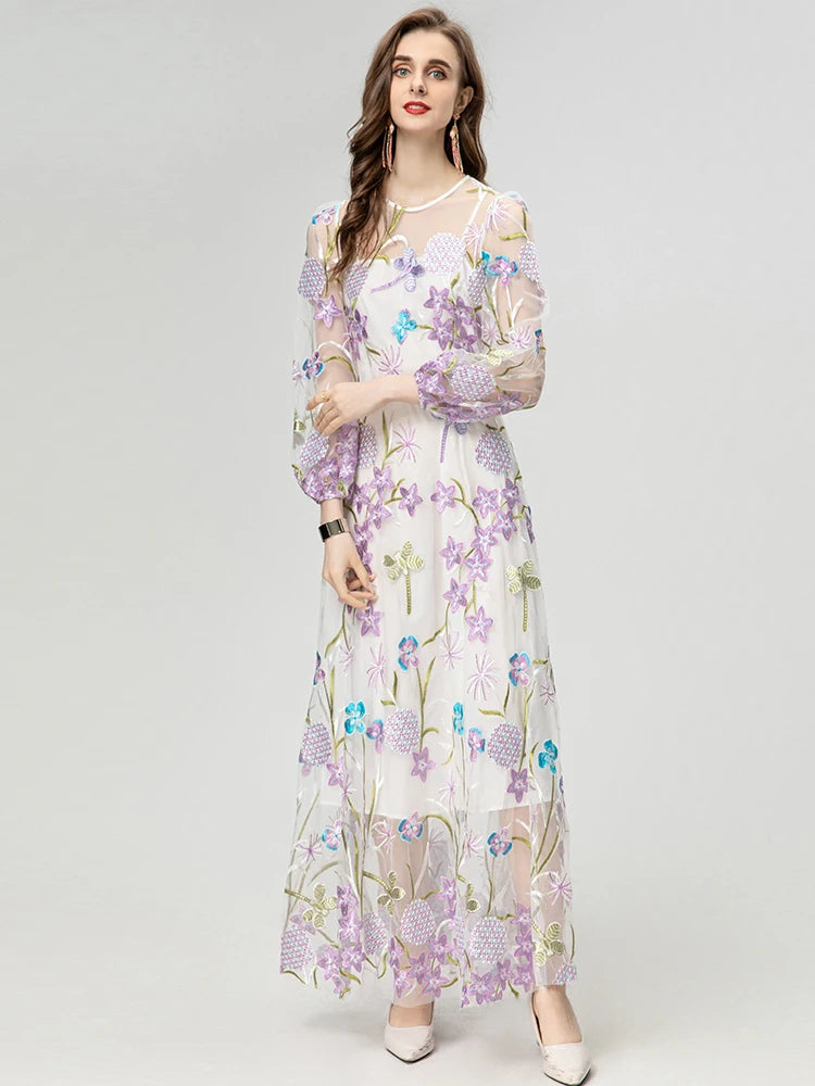 Amani O-Neck Lantern Sleeve Floral Embroidery Elegant Party Dress
