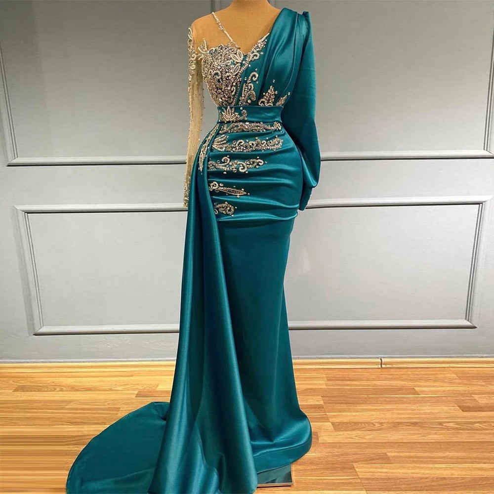 Saralou Formal Gowns Sheer Tulle V-Neck Long Sleeves Party Dress
