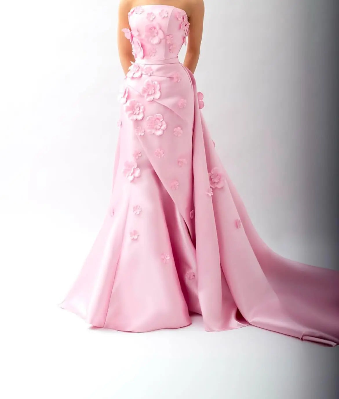 Aurelia Ribbon Mermaid Luxurious 3D Flowers Floor Length Elegant Pleated Party Dress