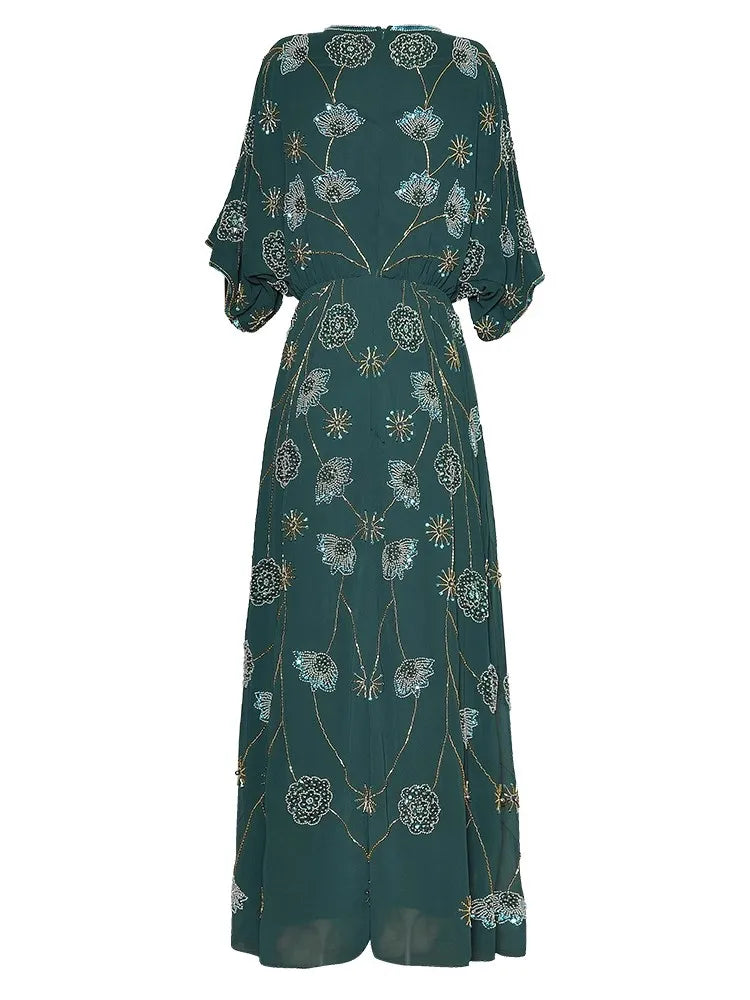 Isabella V-Neck Short Sleeve Sequins Beading High Waist Vintage Dress