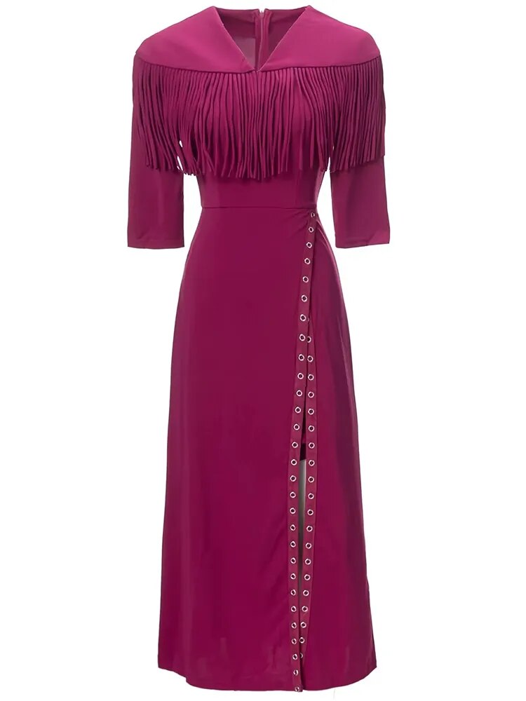 Hana Tassels V-Neck Half Sleeve Solid Solor Vintage Slit Dress