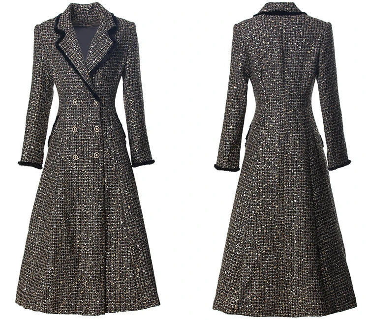 Virginia Double Breasted Sequins Plaid Tweed Coat