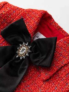 Fallon Plaid Tweed Suit Women Beading Bow Pockets Long Sleeve Jacket+Tassel Pencil Skirt Vintage 2 Piece Set