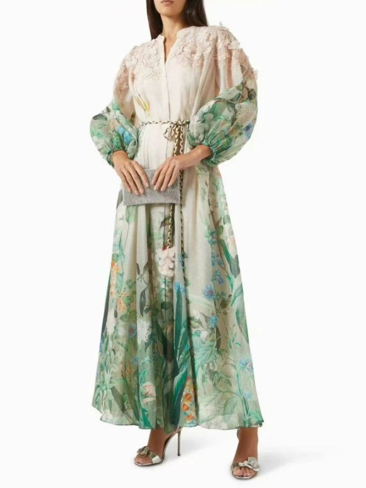 Maxine V Neck Lantern Sleeve High Waist Spliced Lace Up Maxi Dress