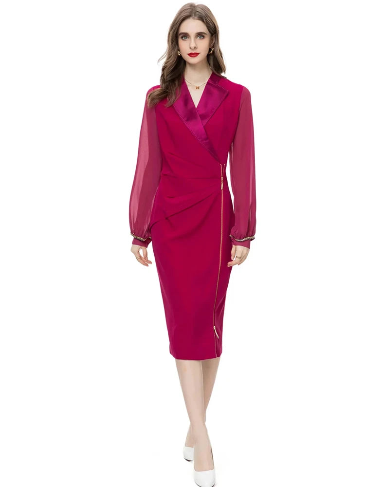 Bethany Red Pencil Dress Women Turn-down Collar Beading Lantern Sleeve Folds Office Lady Dress