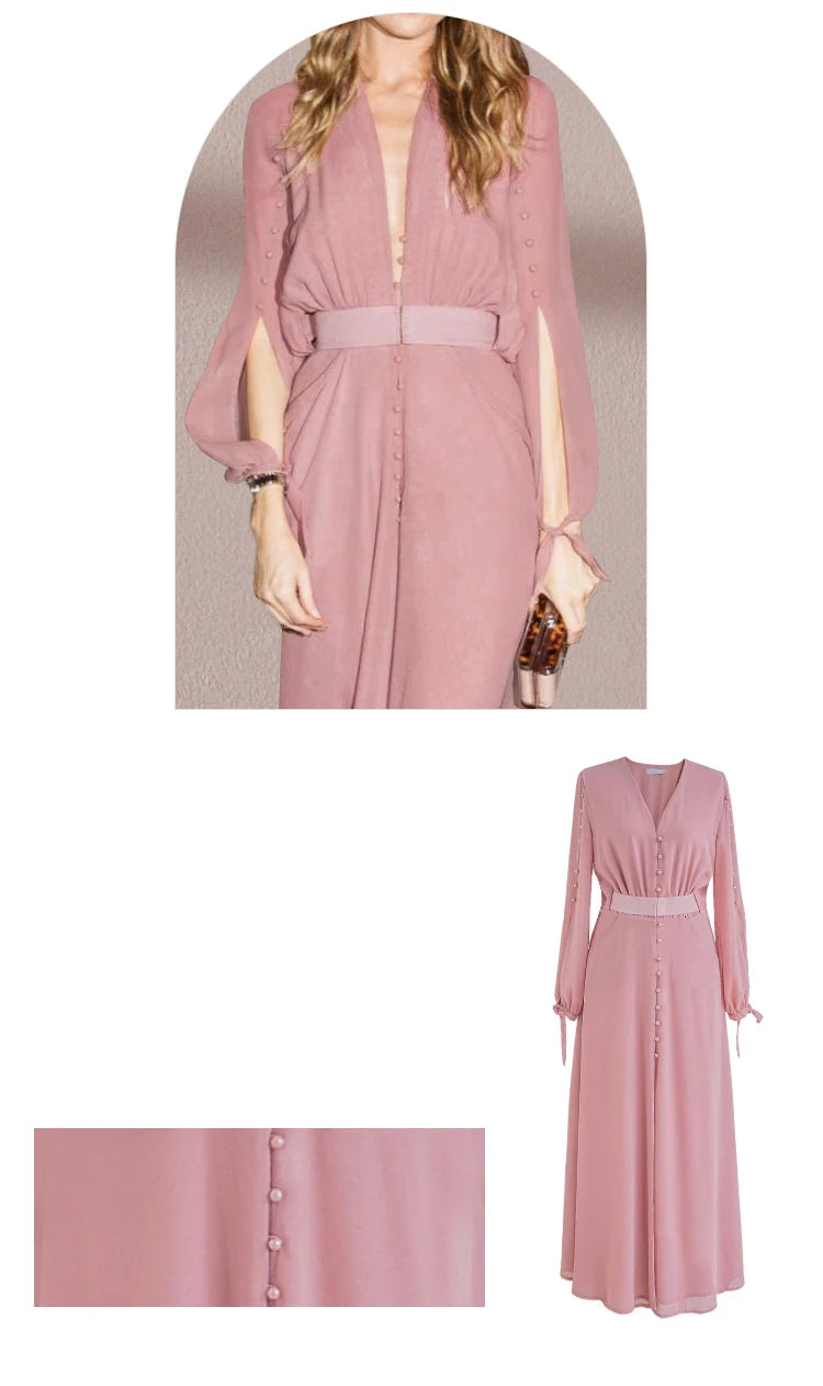 Theo Pink Vintage V Neck Long Sleeve Button High Elastic Waist Slit Slim Long Dress