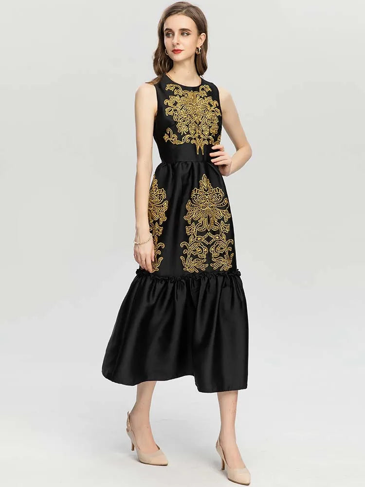 Soleil High waist sleeveless Embroidery Vintage Dress