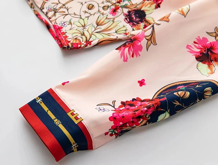 Devonsola Turn-down Collar Long Sleeve Lace-up Shirt+Skirt Flower Print Vintage 2 Piece Set