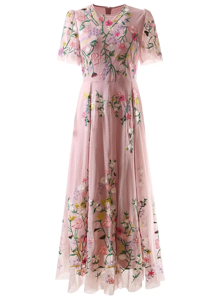 Sylvie Pink Mesh Flowers Embroidery Vintage Party Long Dress