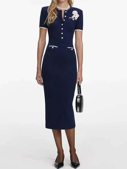 Cathy Fashion Navy Blue Knitting Dress Women Elegant Dress