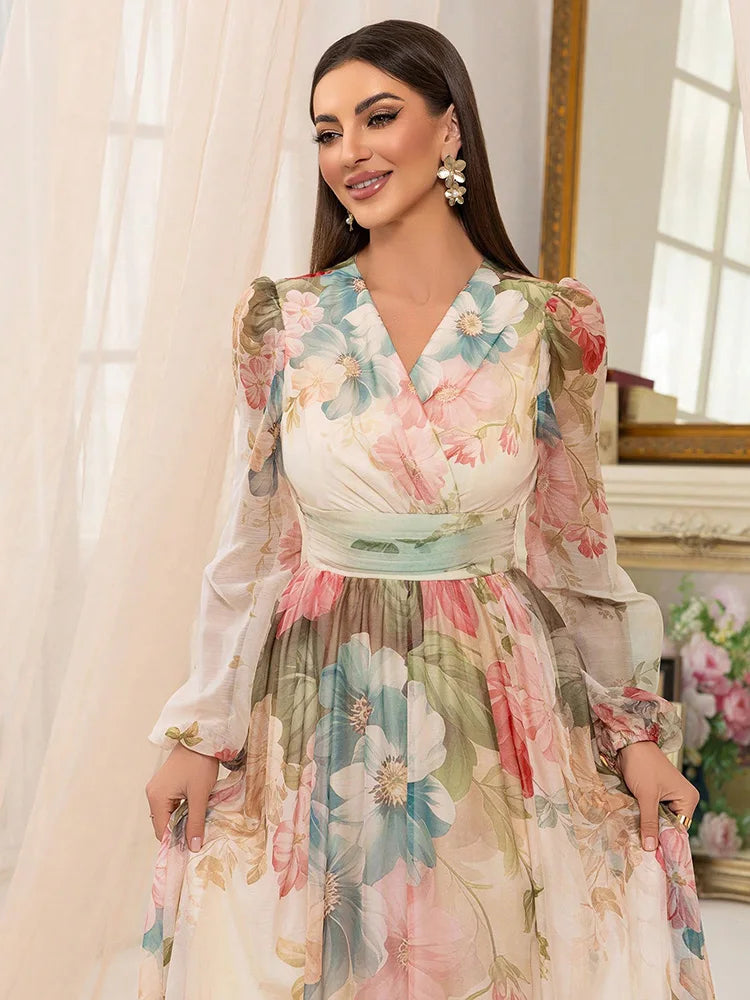 Tilie Cross Fashion Casual V-Neck Lantern Sleeve Flower Print Long Maxi Dress