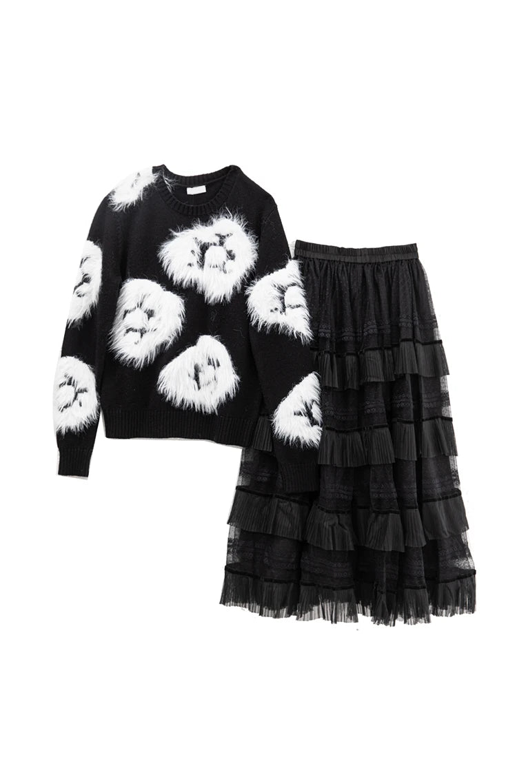 Luella Skirt Set Women Elastic Knitting Sweater+Tassels Spliced Skirt 2 Pieces Set