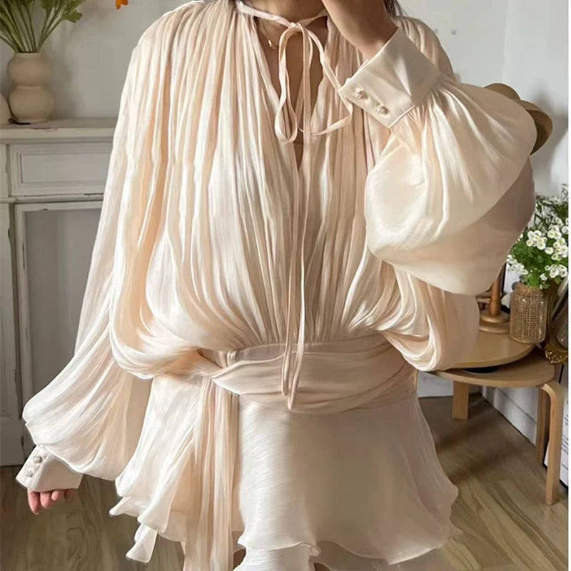 Eliany Mini Lace Up V Neck Lantern Long Sleeve Evening Hem Dress
