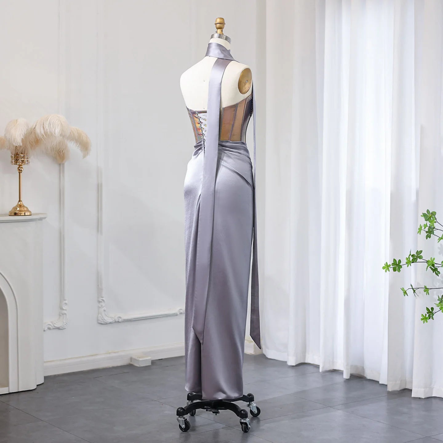 Strapless Gray Satin Evening Dress with Scarf
