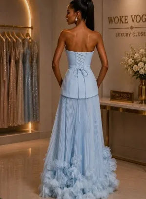Josefa Banquet Strapless Maxi Dress 3D Floral Pleated Train Hem Luxury Gown