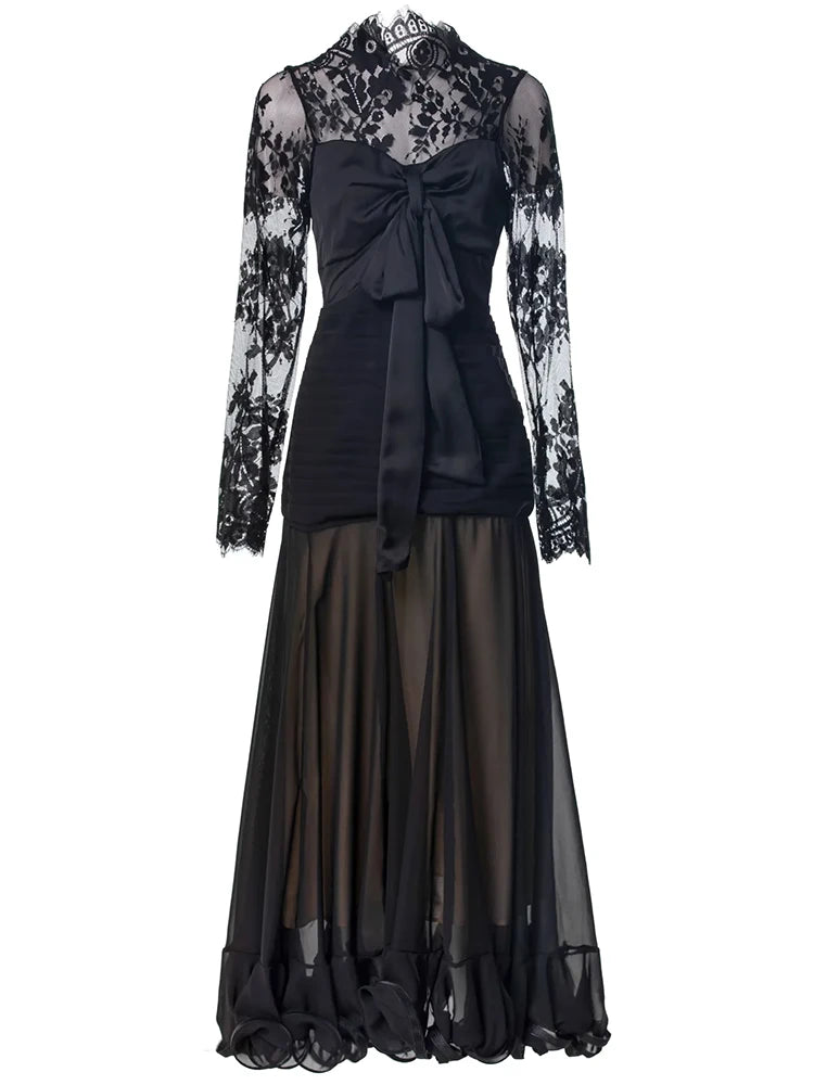 Vera Black Lace Patchwork Bow Vintage Dress