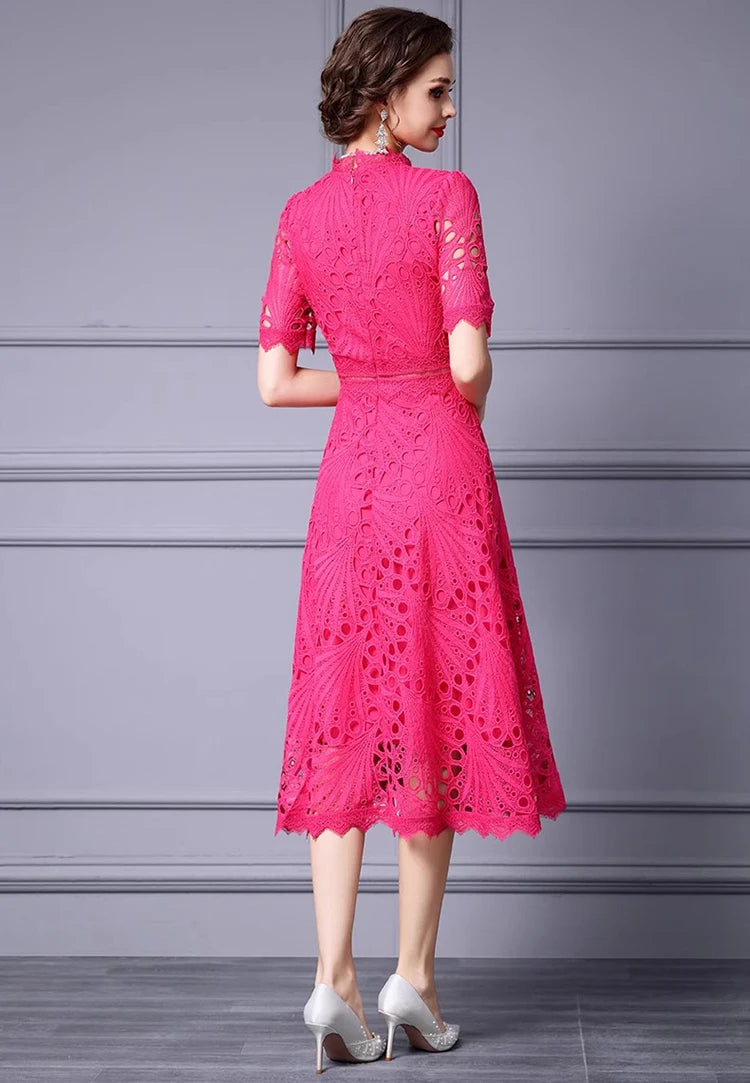 Trisha Sleeve Lace Hollow Out High Waist Solid Color Dress