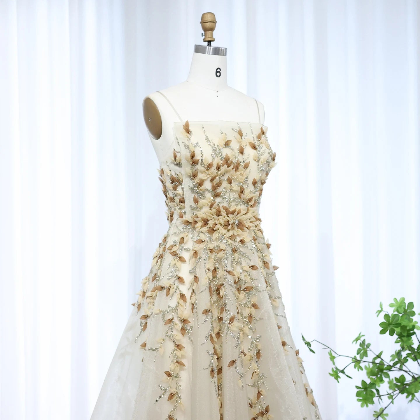 Elegant Beige with 3D Floral Embroidery A-Line  Luxury Dress