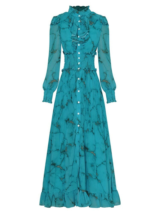 Ashley Ruffle Print Vintage Single-Breasted Pleated Dress