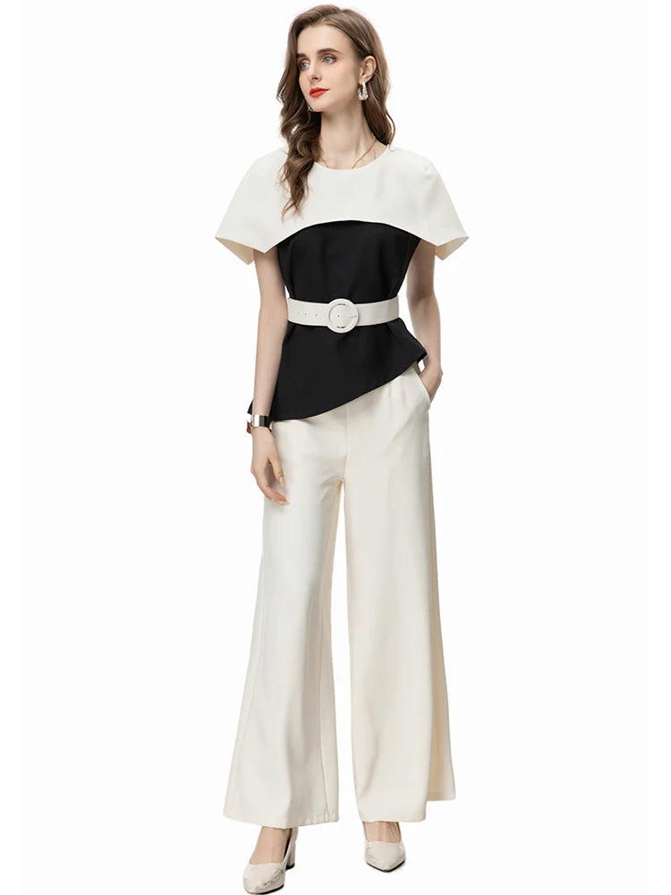 Jessica O-Neck Cloak Sleeves Sashes Tops + Wide leg pants Office Lady 2-Piece Set
