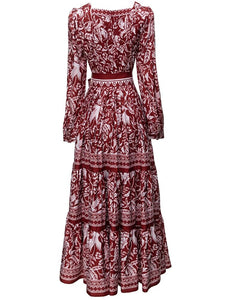 Colette Draped Square Collar Long Sleeve Lace-up Print Vintage  Dress