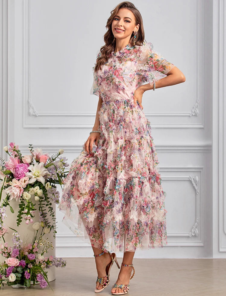 Noor Bohemian Floral Print Net Yarn Cascading Ruffle Sexy Dress