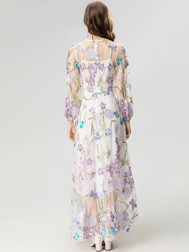 Amani O-Neck Lantern Sleeve Floral Embroidery Elegant Party Dress