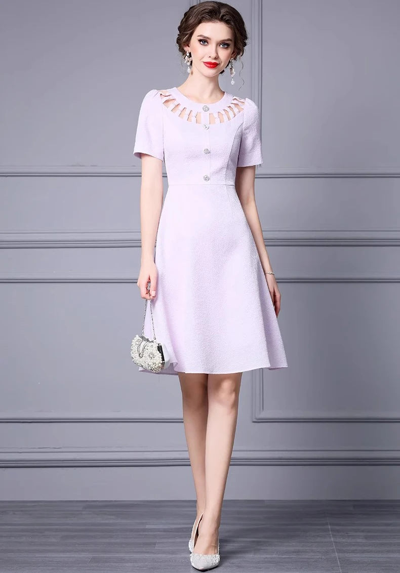 Gracelyn Short Sleeve Hollow Out Button Elegant A-Line Dress