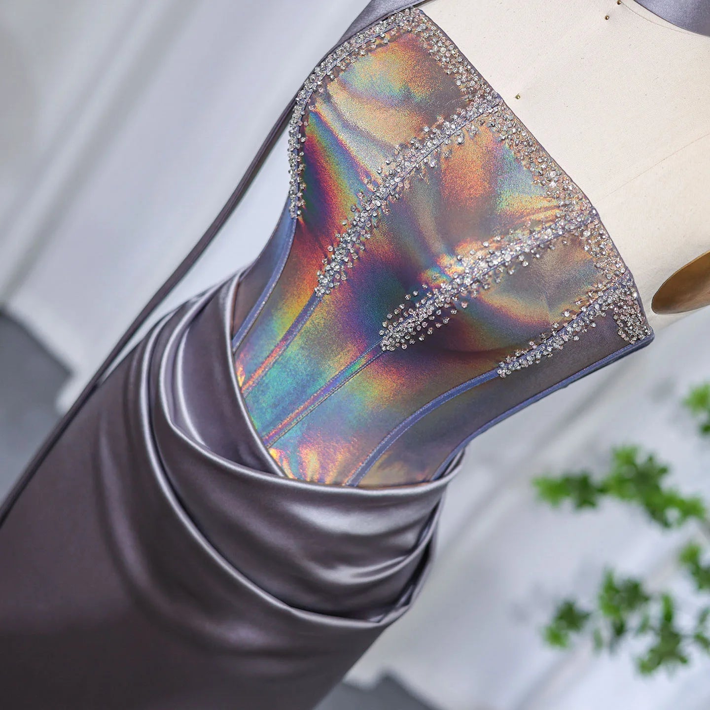 Strapless Gray Satin Evening Dress with Scarf