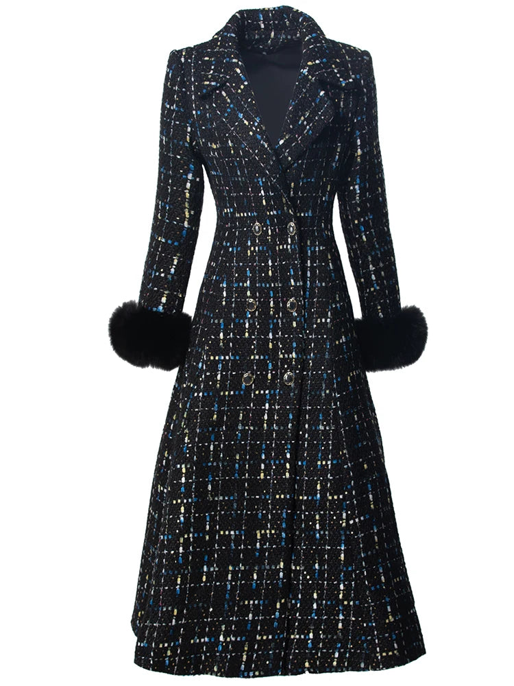 Malaysia  Double Breasted Sequins Plaid Tweed Coat