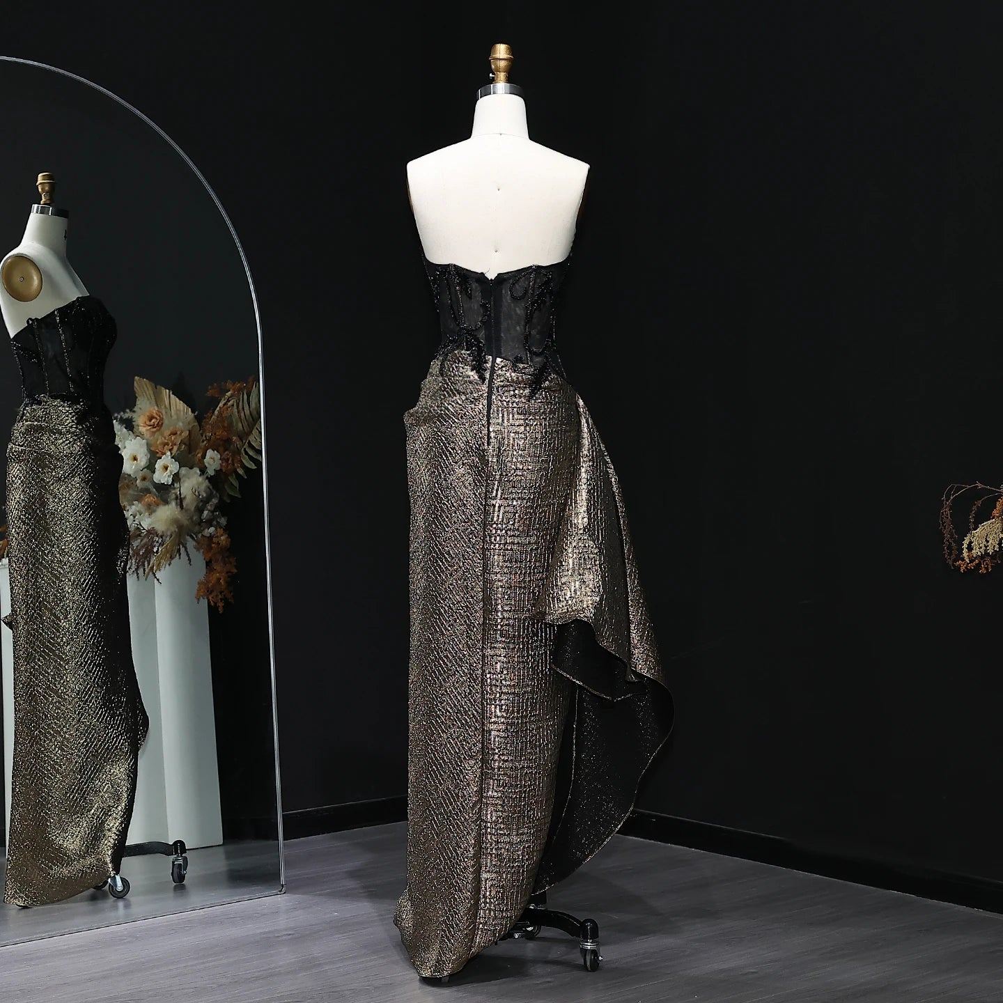 Adele Strapless Sequin Evening Dress with Knot Black