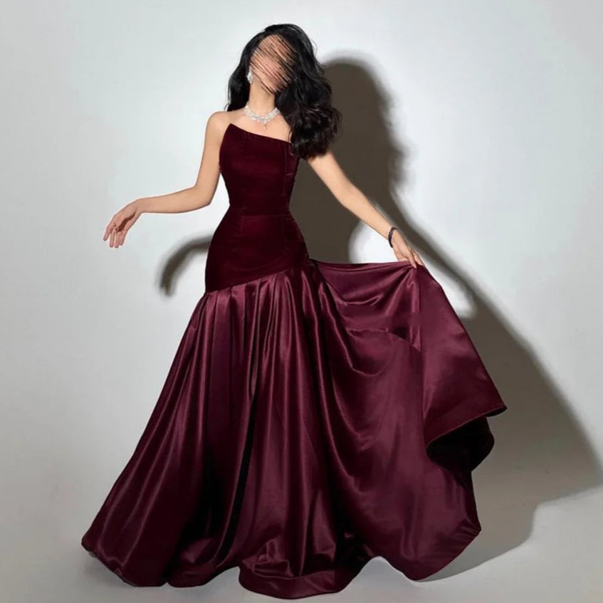 Leyla Burgundy Satin Evening Dress