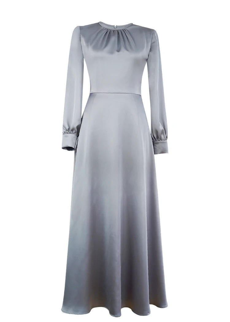 Whitely O Neck Lantern Long Sleeve High Waist Slim A-LINE Long Dress