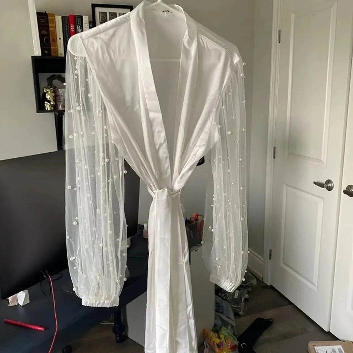 Ahri Gown with Pearl Tulle Robe Luxury High Grade Bathrobe Sexy Nightwear Women's Robe Silk Satin Pajamas Bride